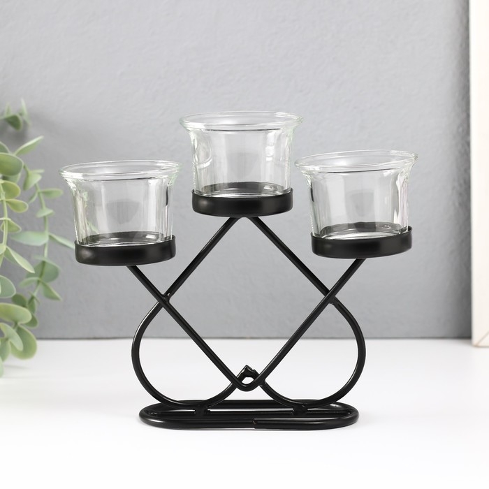 Подсвечник металл, стекло на 3 свечи "Пика" d=5 см чёрный 19х6х16,5 см