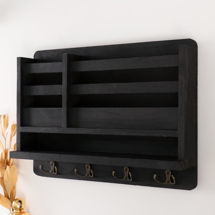 Крючки декоративные дерево с карманом и полочкой "Чёрный" 10,5х28х18 см