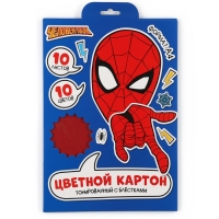Картон цветной с блёстками, А4, 10 листов, 10 цветов, немелованный, двусторонний, в папке, 250 г/м², Человек-паук Картон цветной с блёстками, А4, 10 листов, 10 цветов, немелованный, двусторонний, в папке, 250 г/м², Человек-паук