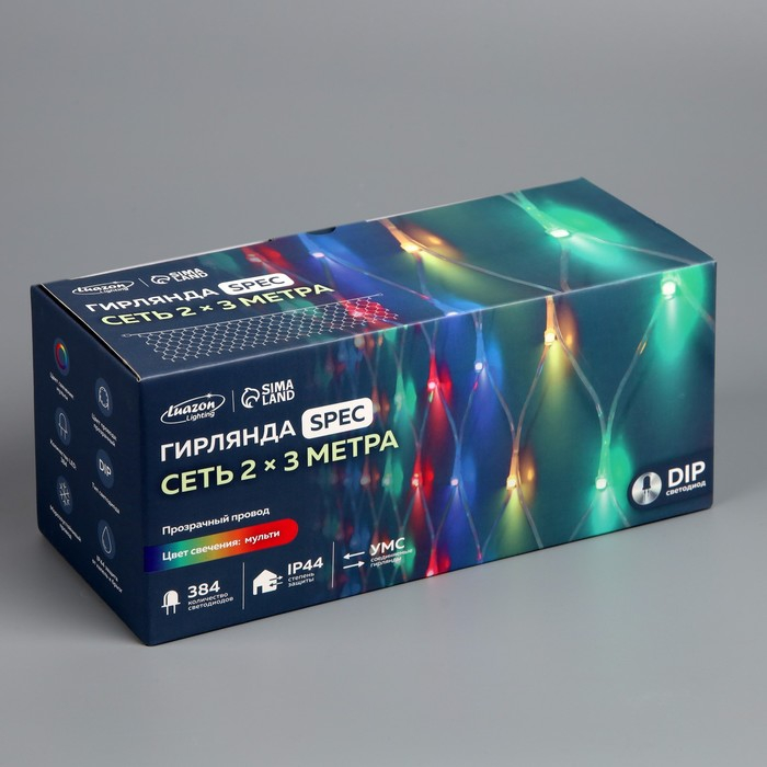 Гирлянда &laquo;Сеть&raquo; 2 &times; 3 м, IP44, УМС, прозрачная нить, 384 LED, свечение мульти, 220 В