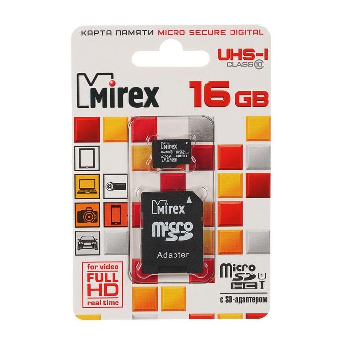 Карта памяти Mirex microSD, 16 Гб, SDHC, UHS-I, класс 10, с адаптером SD