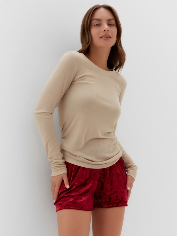 Комплект женский домашний (лонгслив и шорты) KAFTAN "Бархат", 40-42, бордо/беж