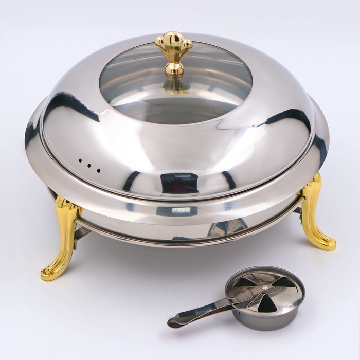 Мармит из нержавеющей стали круглый на подставке для подогрева, 26&times;22 см, стеклянная крышка