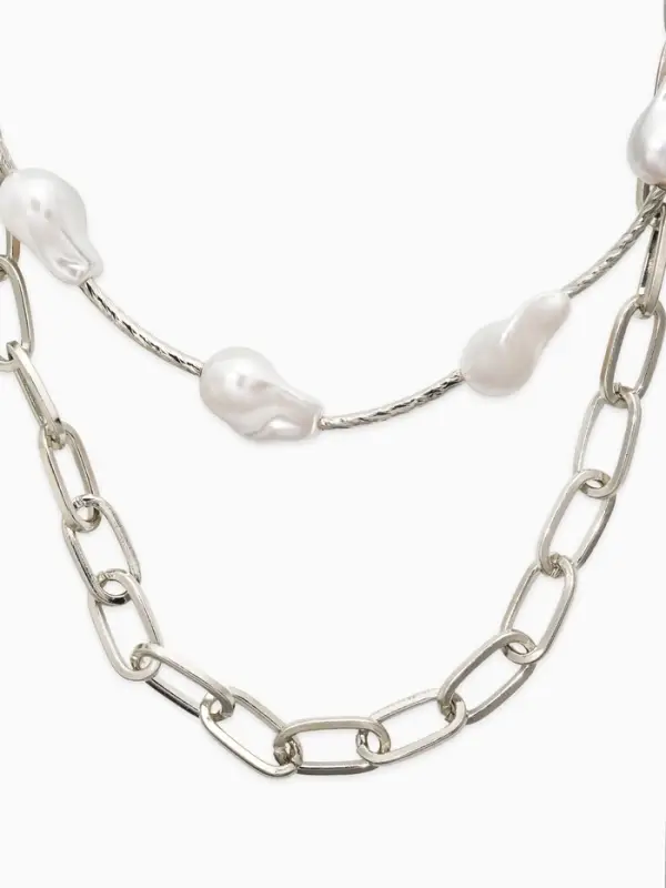 Колье "Жемчуг" борокко, цепь, 2 яруса, цвет белый в серебре