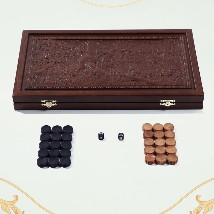 Нарды деревянные большие, резные "Мишки в лесу", доска из массива бука, патина, 50 х 58 см