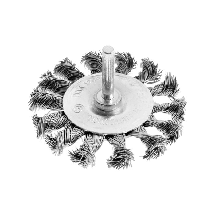Щетка металлическая для дрели ТУНДРА, со шпилькой, крученая проволока, плоская, 75 мм Щетка металлическая для дрели ТУНДРА, со шпилькой, крученая проволока, плоская, 75 мм