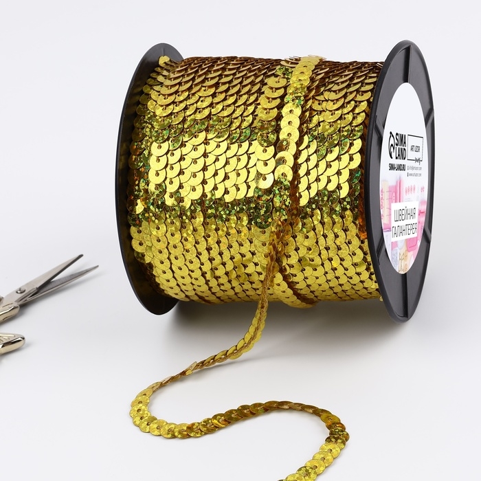 Пайетки на нити, голография, 6 мм, 91 &plusmn; 1 м, цвет золотой