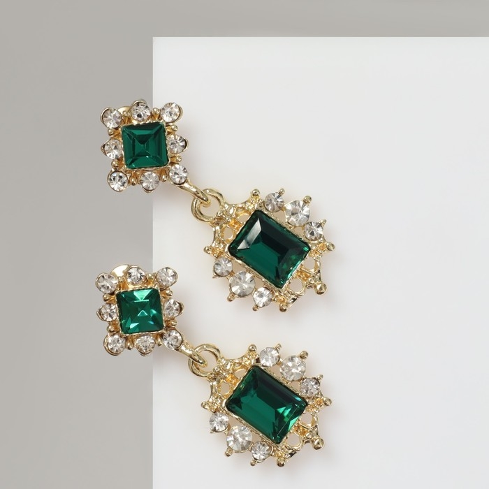 Серьги со стразами «Ажур» дуэт, цвет изумрудный в золоте Серьги со стразами «Ажур» дуэт, цвет изумрудный в золоте