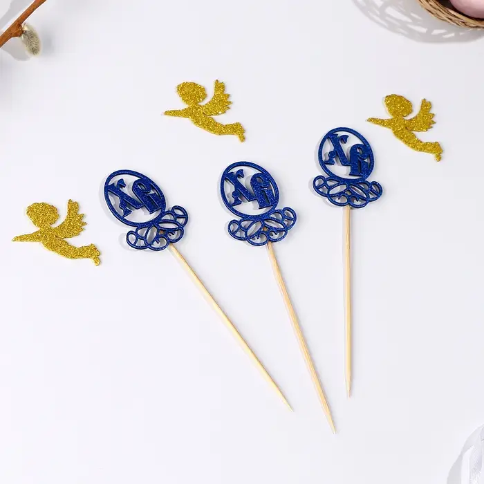 Набор пасхальных топперов &laquo;ХВ&raquo;, 3 шт., синие, 14,5 см, ангелы золотые 4,5 см