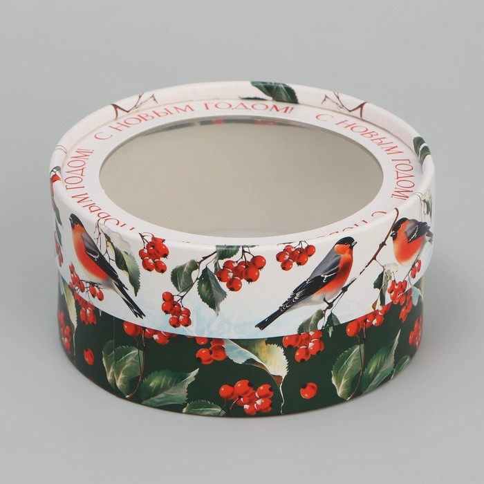 Коробка для макарун тубус с окном «Снегири», 12 х 12 х 5 см, Новый год Коробка для макарун тубус с окном «Снегири», 12 х 12 х 5 см, Новый год