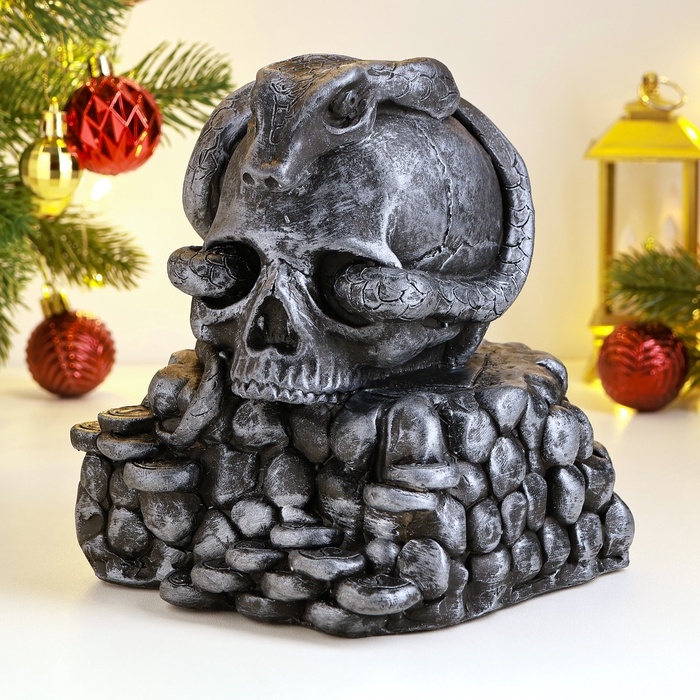 Новый год. Символ 2025. Копилка "Змея в черепе" 15х15х18см, серебро