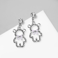 Серьги со стразами &laquo;Мишки&raquo; контур, цвет сиренево-белый в серебре