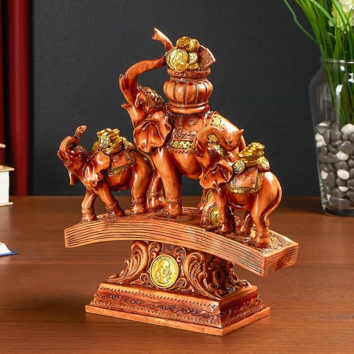 Сувенир полистоун "Три денежных слона на купюре с монетами" под дерево 24,5х19,5х7,8 см