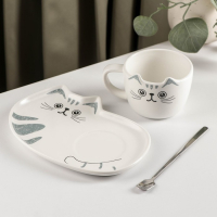 Чайная пара керамическая &laquo;Котик&raquo;, 3 предмета: чашка 200 мл, блюдце 18,5&times;13,5 см, ложка