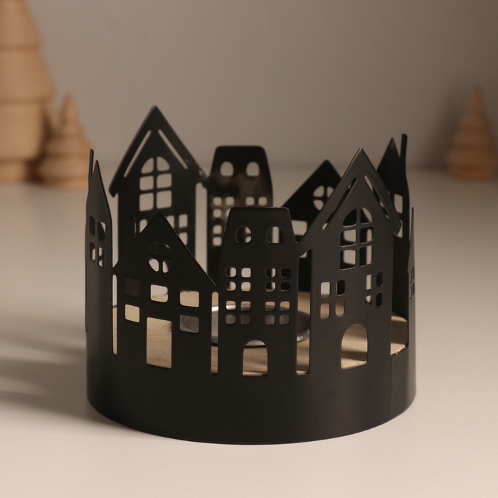 Подсвечник металл, дерево на 1 свечу "Домики" d=4 см 10х10х8,5 см