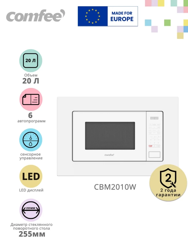 Встраиваемая микроволновая печь CBM2010W, 20 л, сенсорная