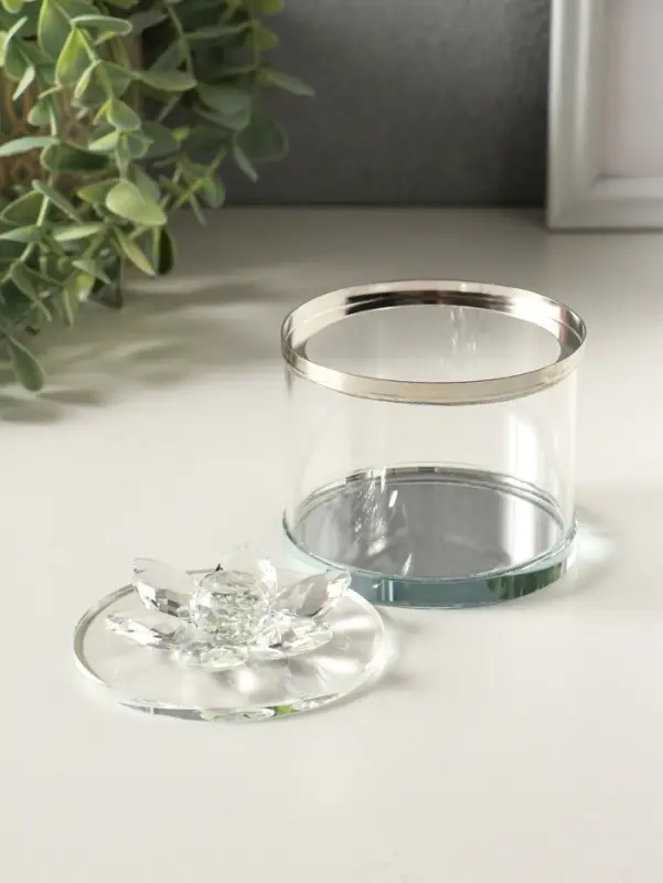Шкатулка стекло с металлическим ободком "Лотос" серебро 8,2х8,2х8,5 см