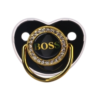 Соска - пустышка силиконовая ортодонтическая &laquo;BOSS&raquo;, от 6 мес., с колпачком + держатель - цепочка, цвет черный/золото, стразы