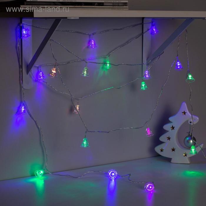 Гирлянда &laquo;Нить&raquo; 5 м с насадками &laquo;Колокольчики&raquo;, IP20, прозрачная нить, 20 LED, свечение мульти (RG/RB), мигание, 220 В