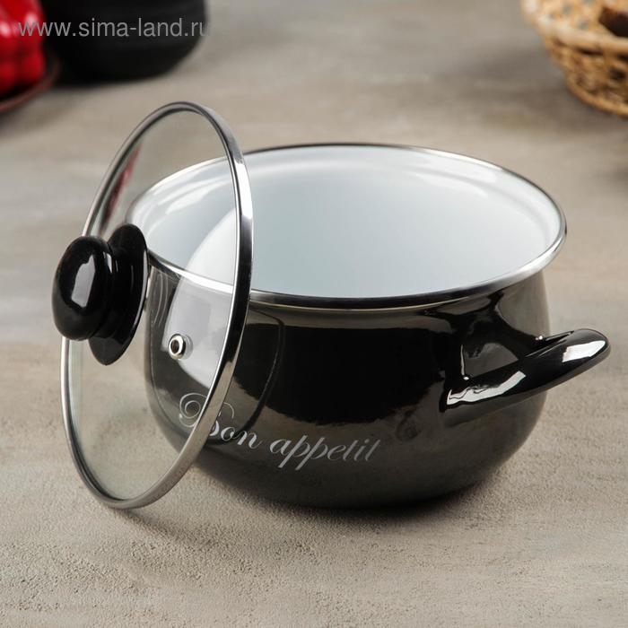 Кастрюля эмалированная &laquo;Металлик&raquo;, 2,1 л, стеклянная крышка, индукция, цвет чёрный
