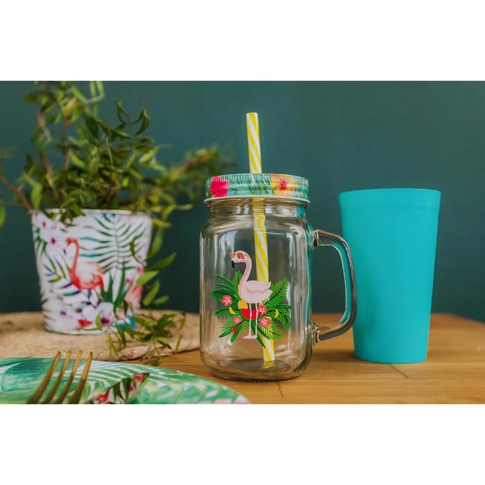 Кружка стеклянная с крышкой и трубочкой Доляна &laquo;Фламинго&raquo;, 450 мл, 10&times;7,5&times;13 см
