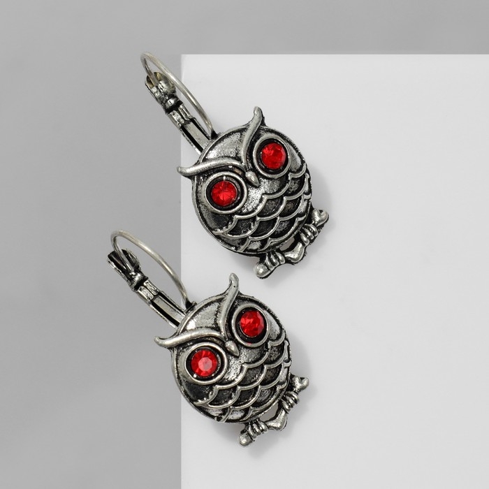 Серьги «Птица» филин на ветке, цвет красный в чернёном серебре Серьги «Птица» филин на ветке, цвет красный в чернёном серебре