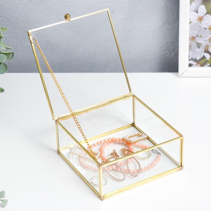 Шкатулка стекло с металлическим каркасом "Квадрат с гранями" золото 5х12х12 см