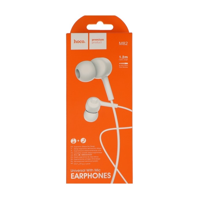 Наушники Hoco M82, проводные, вакуумные, микрофон, Jack 3.5 мм, 1.2 м, белые