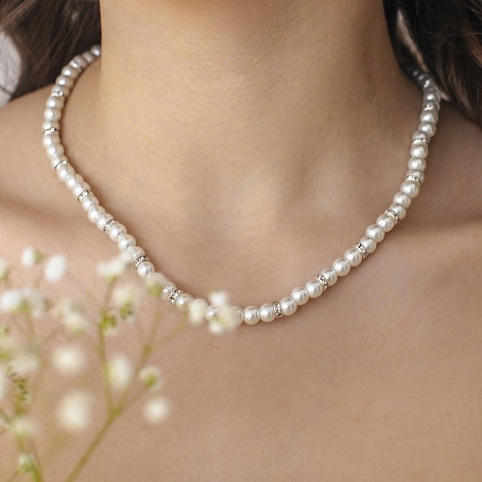 Бусы жемчуг &laquo;Невеста&raquo; со стразами, шар №4, цвет белый, L= 43,5 см