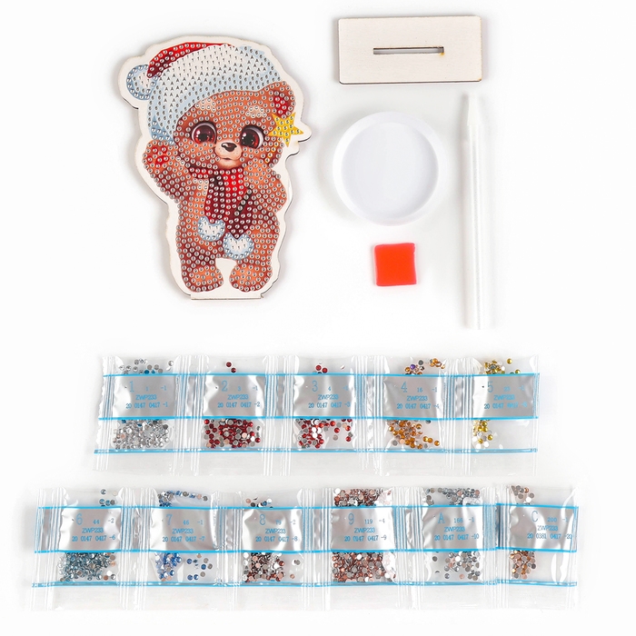 Алмазная мозаика на новый год для детей на деревянной фигурке &laquo;Медвежонок&raquo;, 10 х 13 см, новогодний набор для творчества