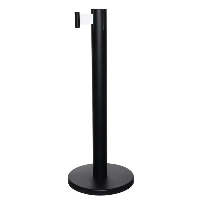 Стойка ограждения черная, с вытяжной лентой-280см белая, высота-90см, d- 6см, напольный d-32см Стойка ограждения черная, с вытяжной лентой-280см белая, высота-90см, d- 6см, напольный d-32см