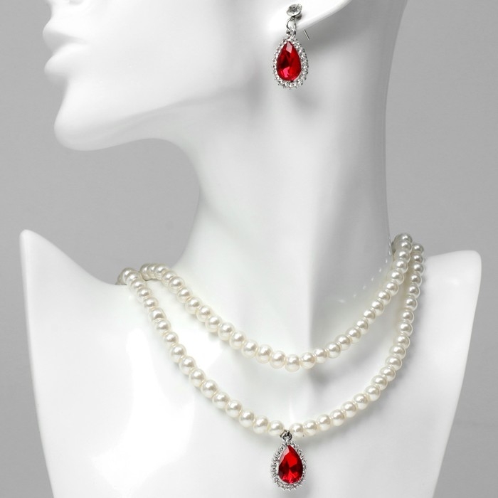 Набор 2 предмета: серьги, колье &laquo;Катрин&raquo; красная вставка, цвет белый в серебре, 45 см