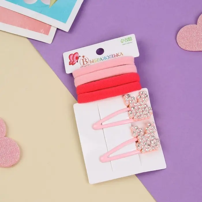 Набор для волос "Лили" (4 резинки 4 см, 2 невидимки 5 см) зайки, розовый