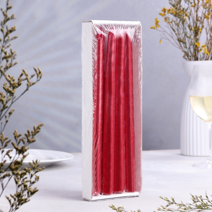 Свеча античная, 2,3х 25 см, 4 шт, лакированная, красный металлик