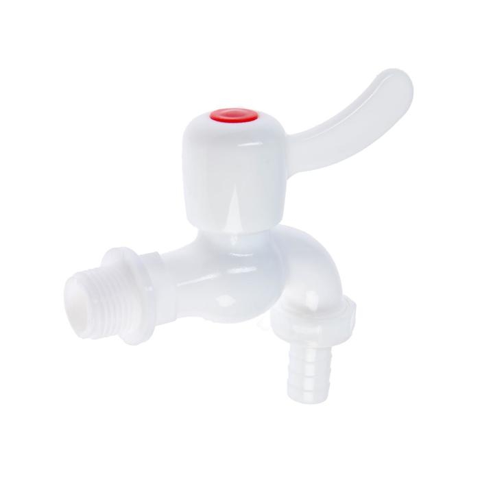 Кран водоразборный со штуцером ZEIN Z2188, 1/2", плоская ручка, PP, шаровой механизм,белый