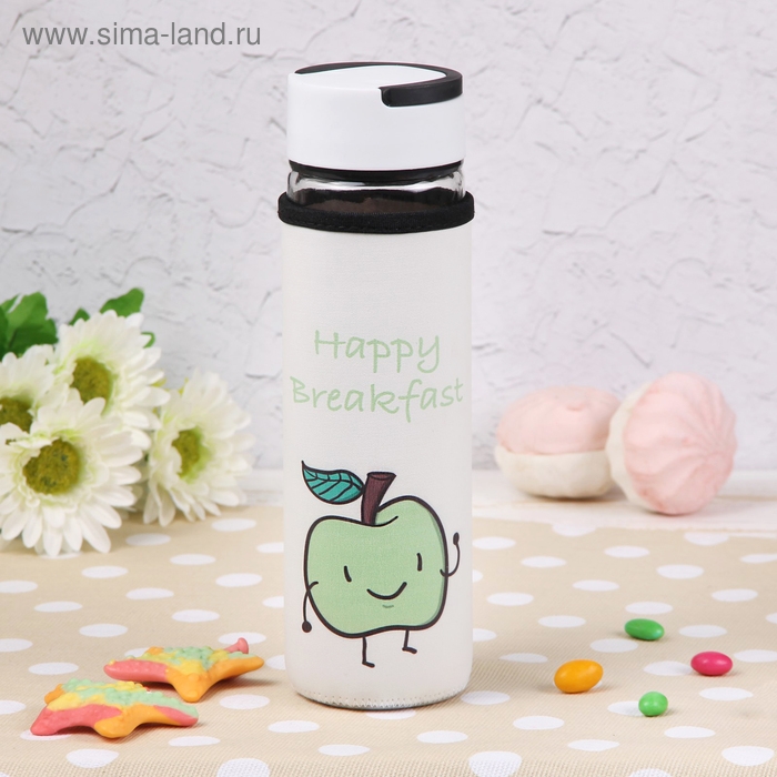 Бутылка для воды стеклянная с ручкой в чехле «Завтрак», 500 мл, h=23,5 см, рисунок МИКС Бутылка для воды стеклянная с ручкой в чехле «Завтрак», 500 мл, h=23,5 см, рисунок МИКС
