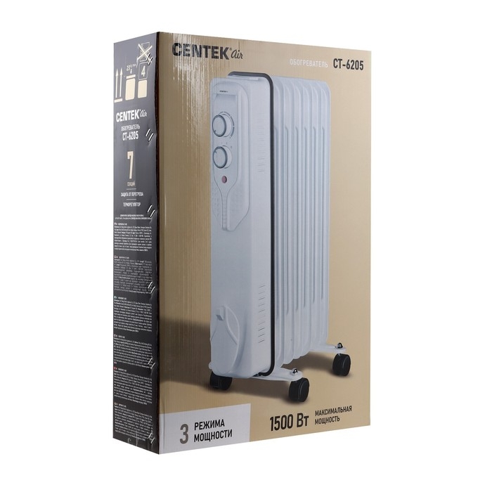 Обогреватель Centek CT-6205, масляный, напольный, 1500 Вт, 15 м&sup2;, 7 секций, белый