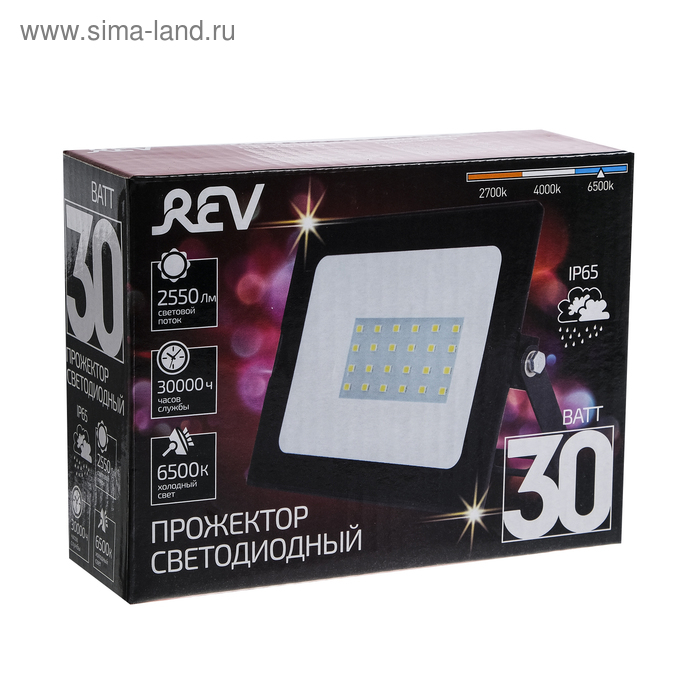 Прожектор светодиодный REV, 30 Вт, 6500 К, 2550 Лм, IP65 Прожектор светодиодный REV, 30 Вт, 6500 К, 2550 Лм, IP65