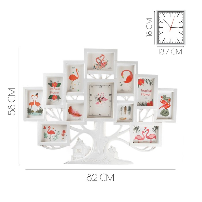 Часы настенные интерьерные, фоторамка - коллаж Часы настенные интерьерные, фоторамка - коллаж "Семейное дерево", бесшумные, 82 х 58 см