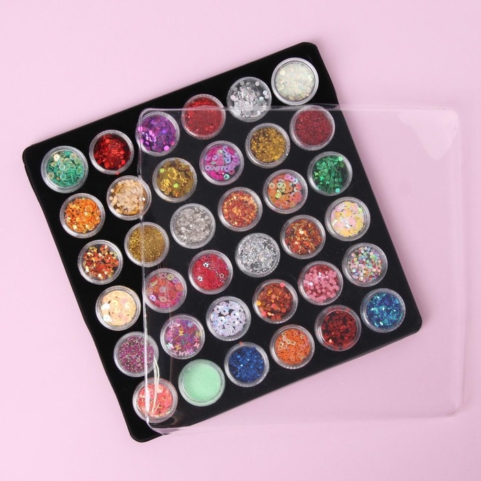 Набор для декора ногтей, в пластиковом органайзере, набор 36 баночек, разноцветные Набор для декора ногтей, в пластиковом органайзере, набор 36 баночек, разноцветные