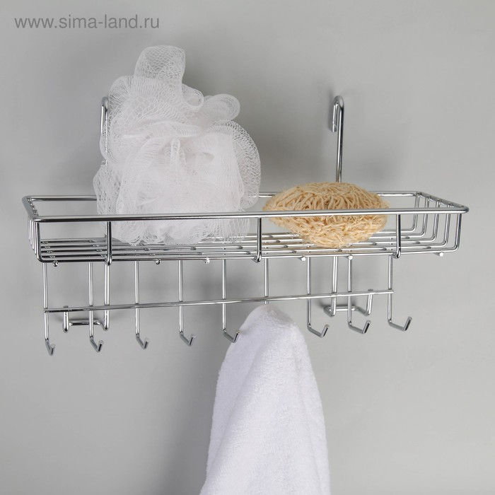 Полка на рейлинг с крючками Доляна, 29×10×17 см, цвет хромированный Полка на рейлинг с крючками Доляна, 29×10×17 см, цвет хромированный