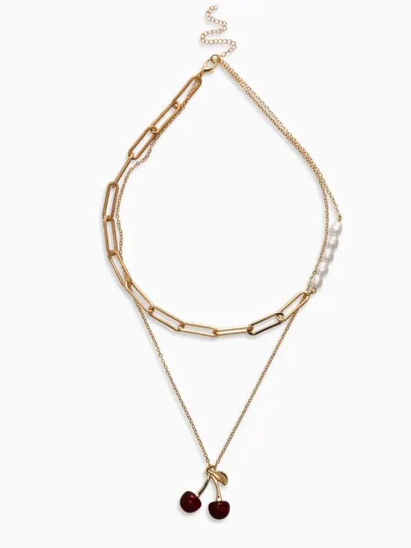 Кулон-цепь 2 яруса "Вишня", цвет бордовый в золоте 40+50+удл