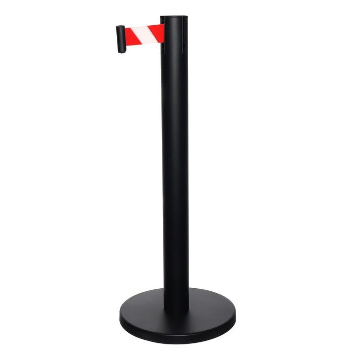 Стойка ограждения черная, с вытяжной лентой-180см красная, белая, высота-90см, d- 6см, напольный d-32см