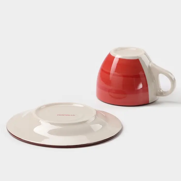 Чайная пара керамическая Доляна &laquo;Морской мир&raquo;, чашка 200 мл, блюдце d=14,5 см, цвет красный