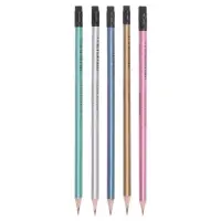 Карандаш чернографитный с ластиком ErichKrause "Metallic", НВ, грифель d=2,2 мм, дерево, трехгранный в тубусе, металлик микс