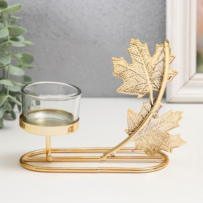 Подсвечник металл на 1 свечу Подсвечник металл на 1 свечу "Кленовые листья" d=4,5 см золото 5,8х13х13 см