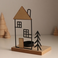 Подсвечник металл, дерево на 1 свечу "Ёлочка у домика с трубой" d=4 см 7,5х12х15,5 см