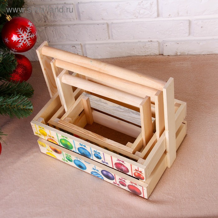 Набор кашпо деревянных Набор кашпо деревянных "Новогодний №3" 3 в 1, МАССИВ СОСНЫ, деревянная ручка, натуральный