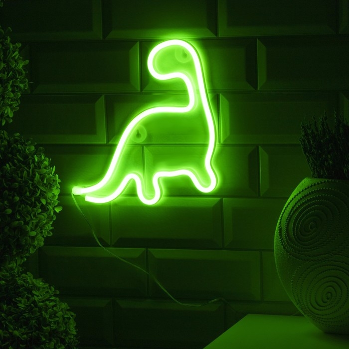 Неоновая вывеска &laquo;Динозавр&raquo; 24 &times; 24 см, батарейки ААх3 (не в комплекте), USB, свечение зелёное