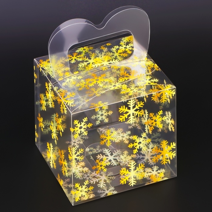 Новый год. Коробка подарочная новогодняя складная ПВХ Новый год. Коробка подарочная новогодняя складная ПВХ "Снежинки" 10 х 10 х 10 см.